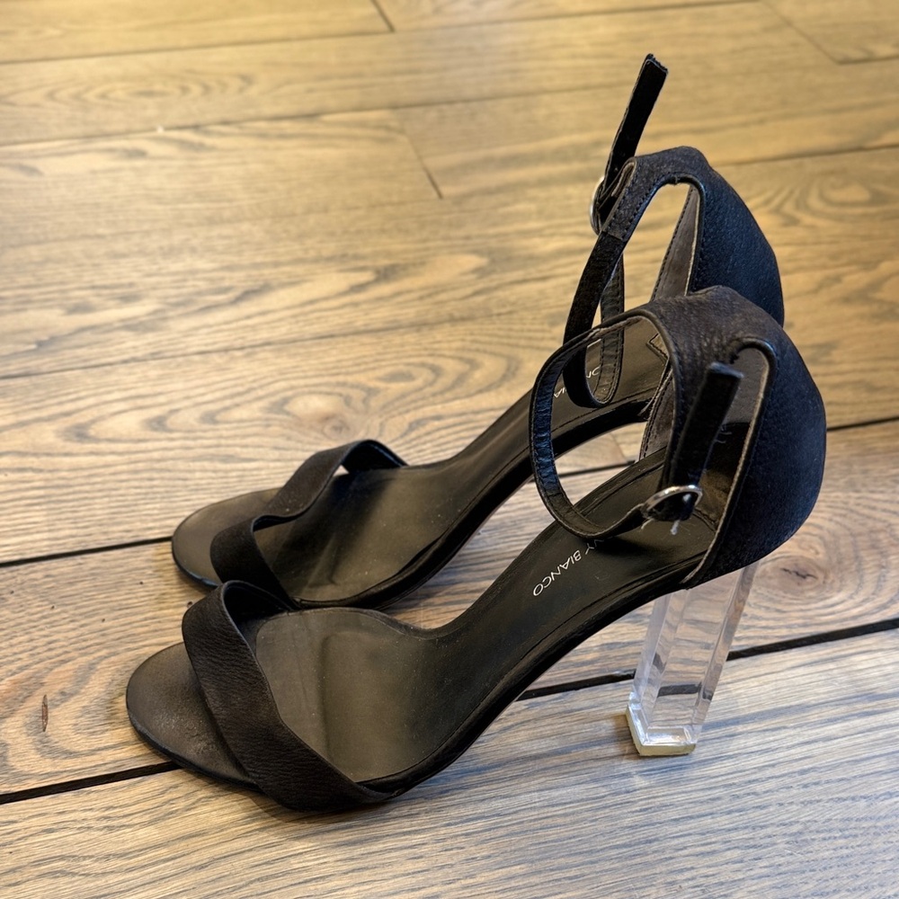 Tony Bianco Black Ankle Strap Heels with Clear Block Heel. 8.5